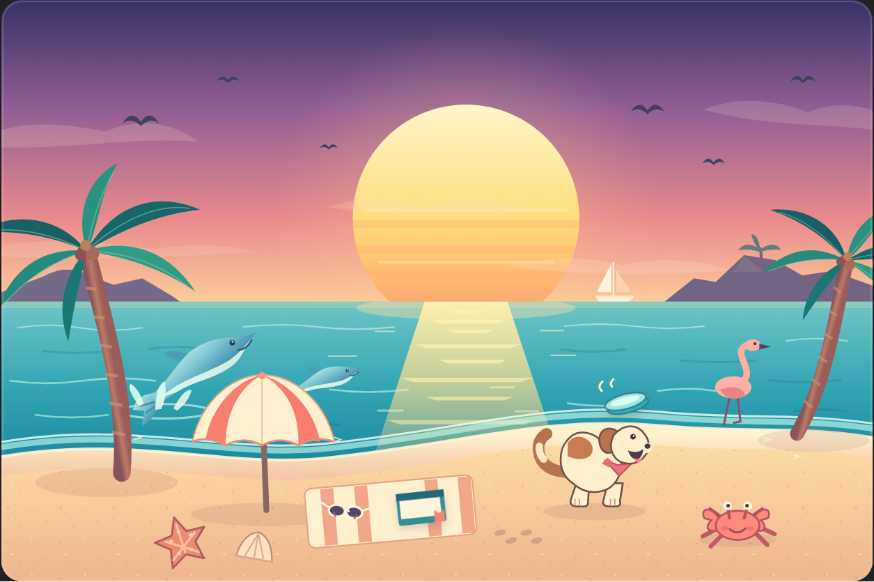 Space Bunny’s SVG beach scene at sunset with animals, birds and reflections.