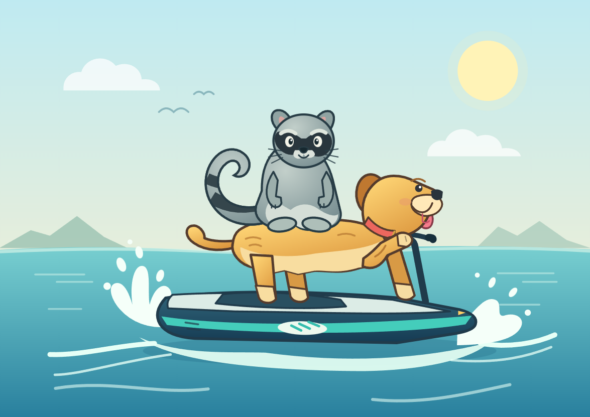 Space Bunny’s SVG of a raccoon riding on a dog steering a jet ski.