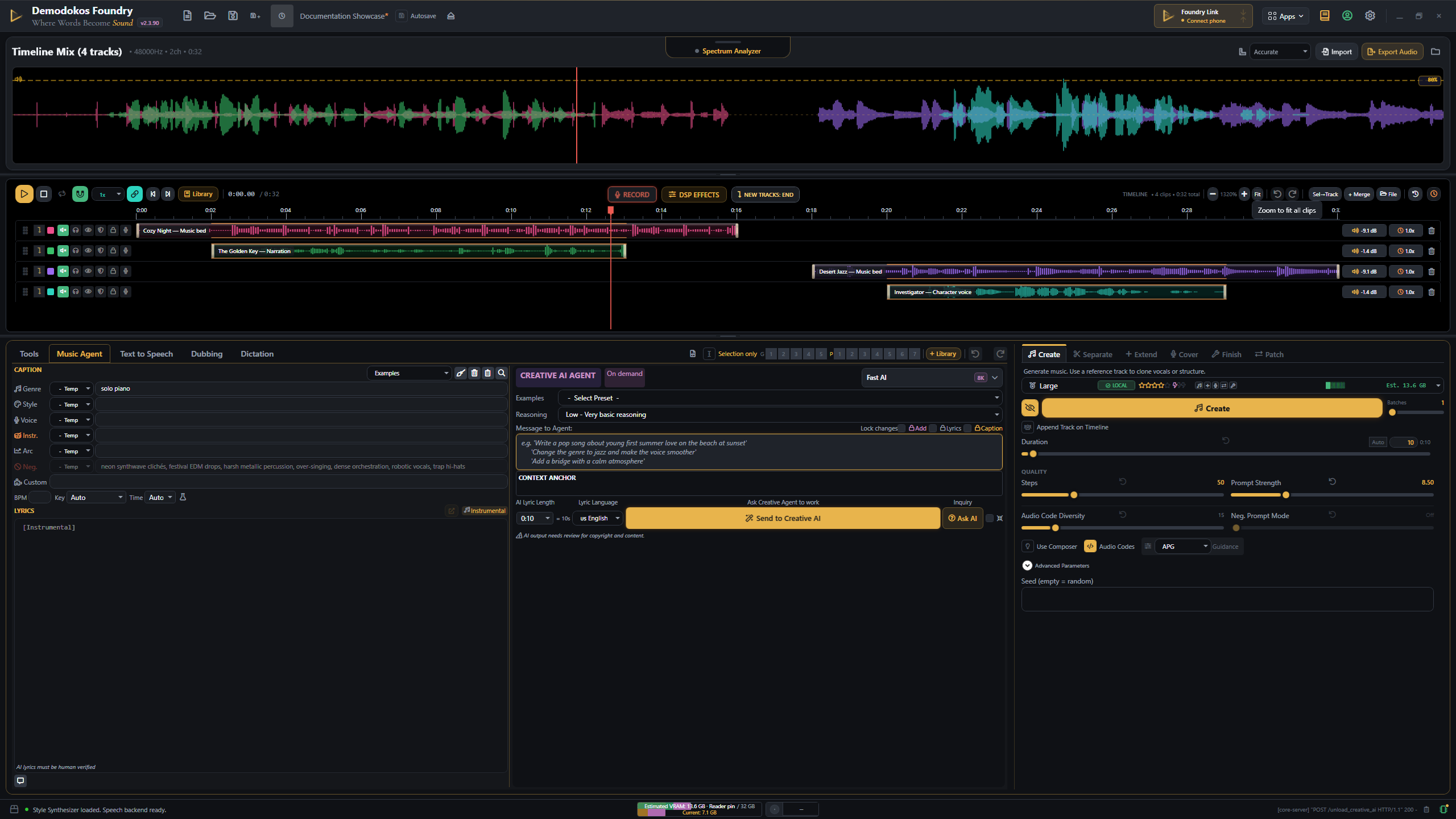 Demodokos production workspace with dialogue, music and audio waveforms.